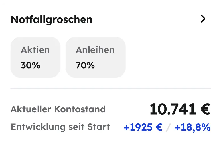 Ein Bildschirmfoto aus der Anwendung zeigt drei verschiedene Portfolios mit verschiedenen Beträgen, die sich zu verschiedenen Prozenten entwickelt haben.