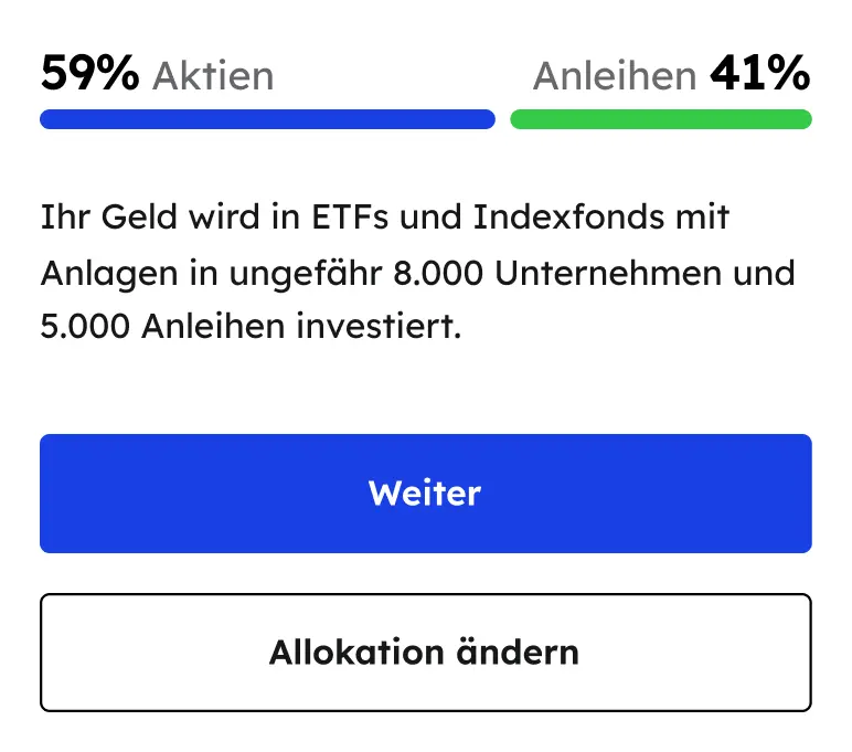 Ein Bildschirmfoto aus der Anwendung zeigt ein Beispiel für die Verteilung zwischen Aktien und Anleihen.